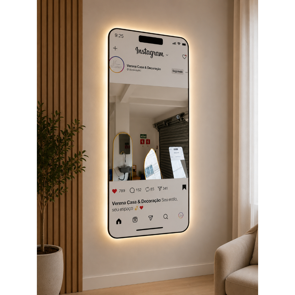 Espelho Personalizado Instagramável com Led 3 cores de Luz e Moldura Preta 110 x 50 cm