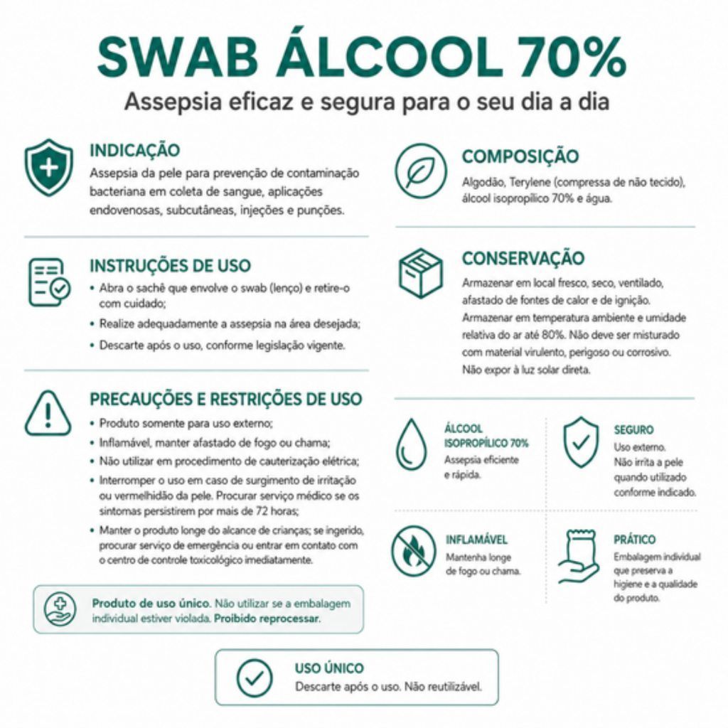 Álcool Swab 70% Uniqmed 100 Unidades Sachês Lenço Umedecido para Assepsia — imagem 2 de 2