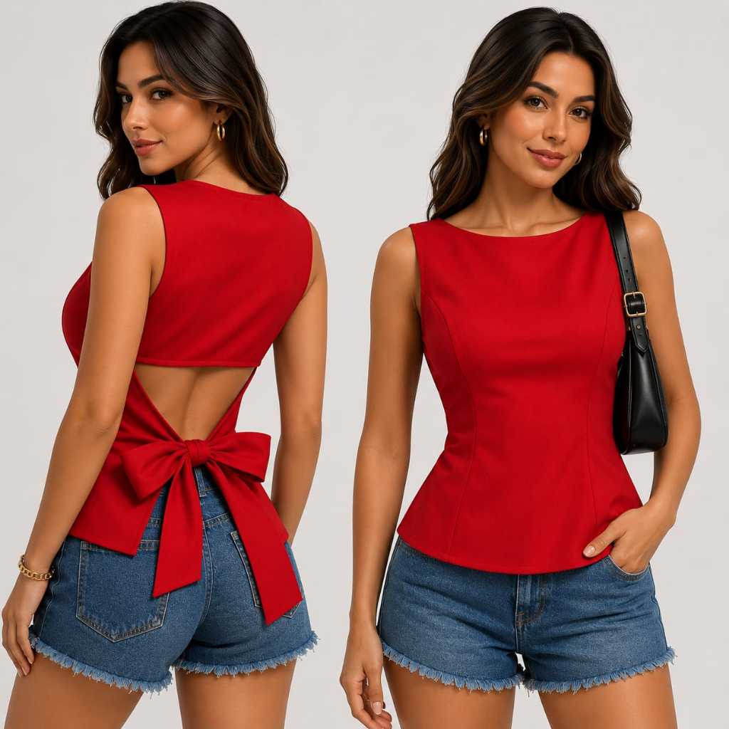 Blusa Feminino Elegante Social Alfaiataria Decote Costas Com laço Luxo Chique Verão Casul