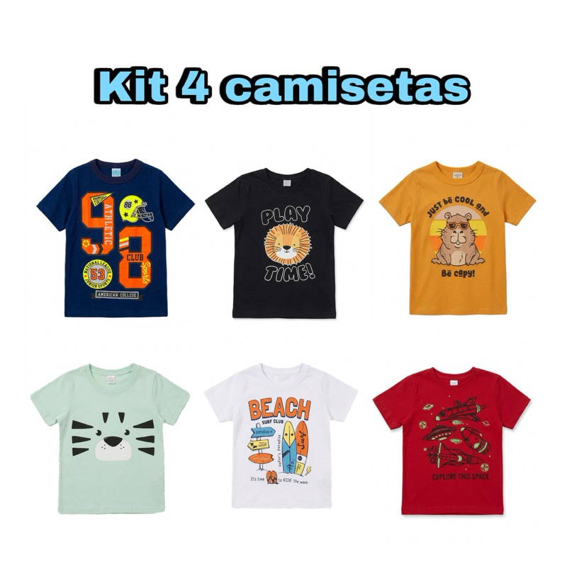 kit até 4 Camisetas Manga Curta Estampada Masculina Basica Sortidas -Verao Conforto Menino Infantil e Juvenil do 1 ao 8