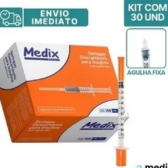 Seringa de Insulina 1ml, 100Ui com Agulha Fixa 12,7 x 0,33 - kit com 30 und. UltraFina