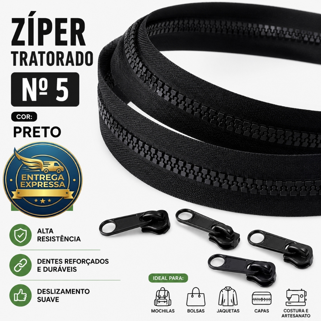 Zíper N° 5 Grosso Tratorado Com 3 metros E 6 Cursores N° 5 Preto