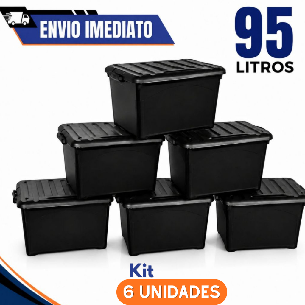 6 CAIXAS ORGANIZADORA COM RODINHAS e travas 95 litros Reforçada BLACK- Tipo Container