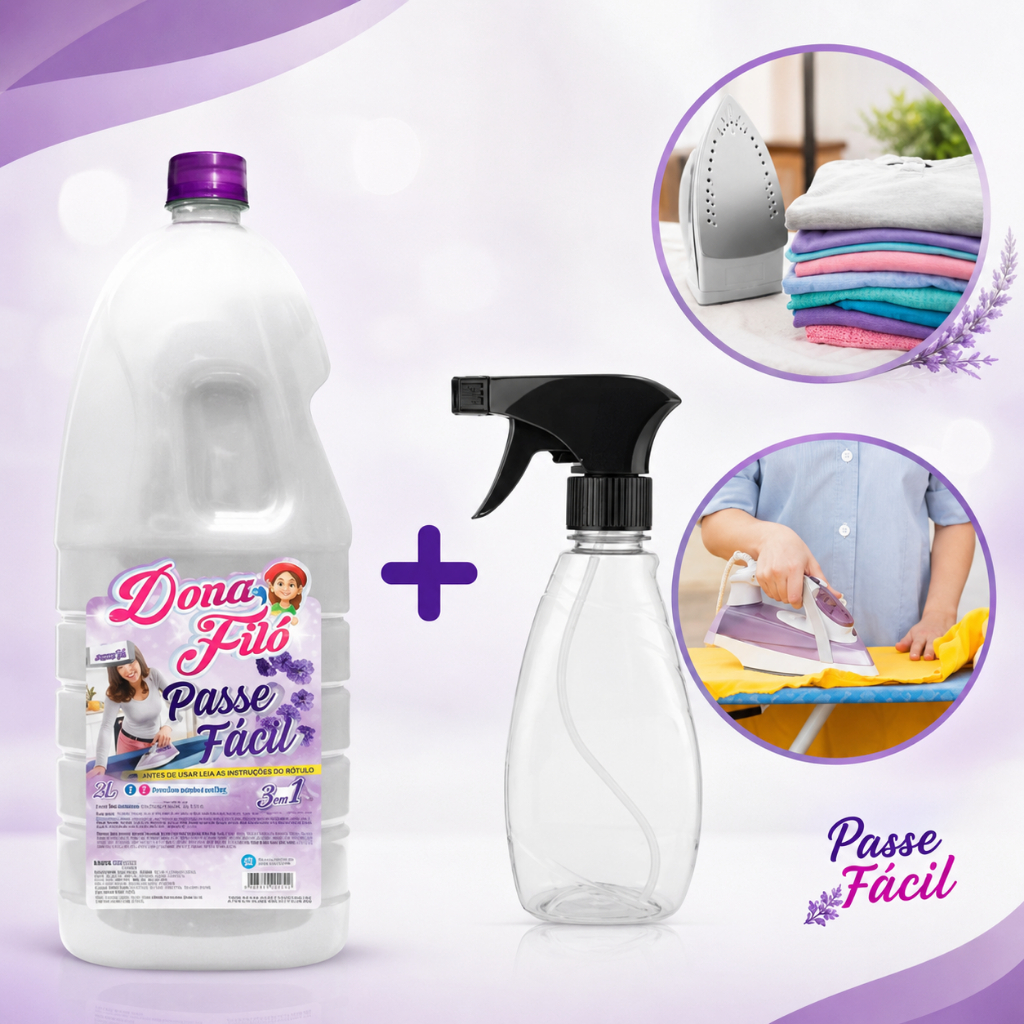 Revitalizador Para Passar Roupas Perfuma e Desamassa Passe Fácil 2 Litros + Borrifador 500ml