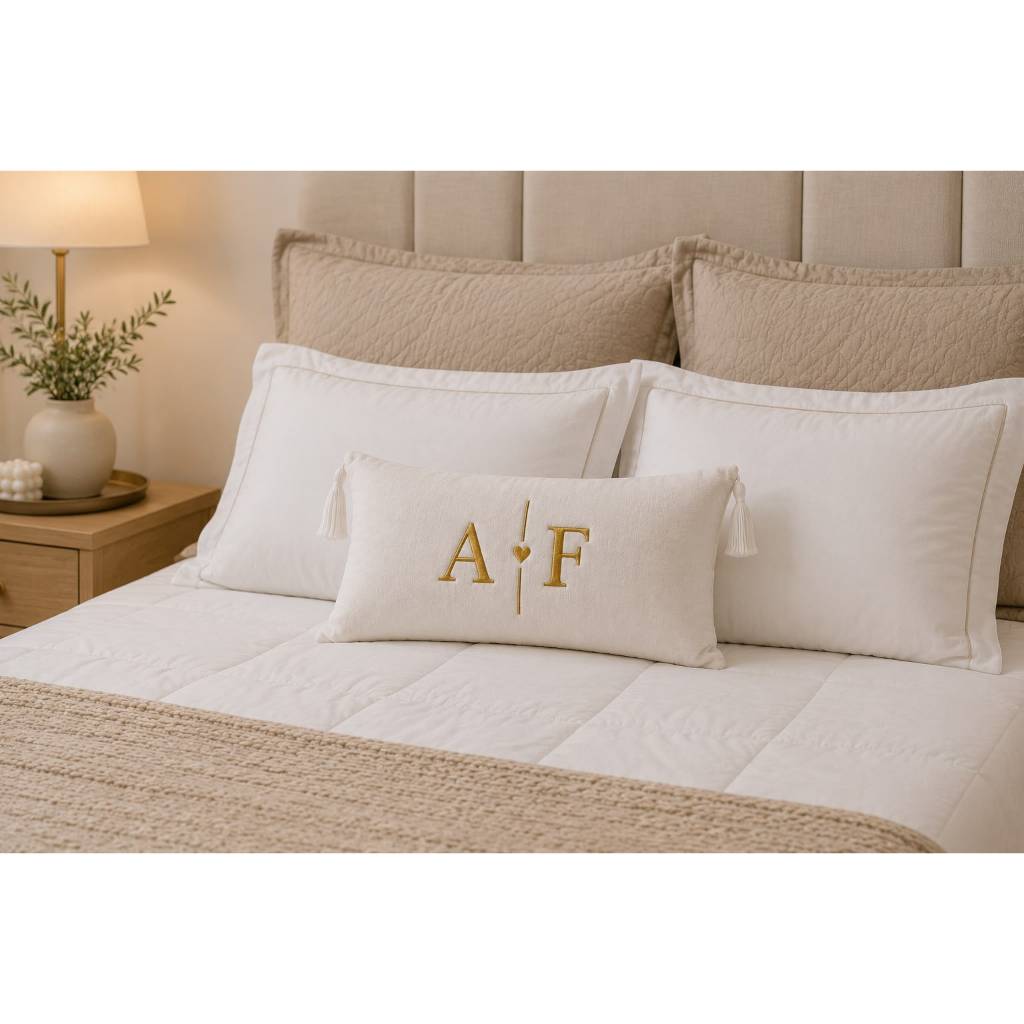 ✨ Almofada Baguete Bordada Inicial Casal CORAÇÃO Personalizada Decoração Cama Posta com Enchimento +Pingente  ✨