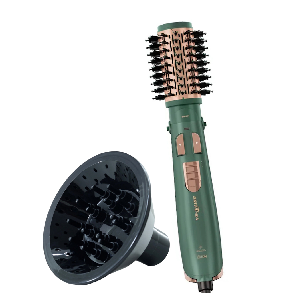 Escova Rotativa Britania 1300w Ions Secadora Alisadora Quente Frio Verde v01 Com Difusor De Cachos