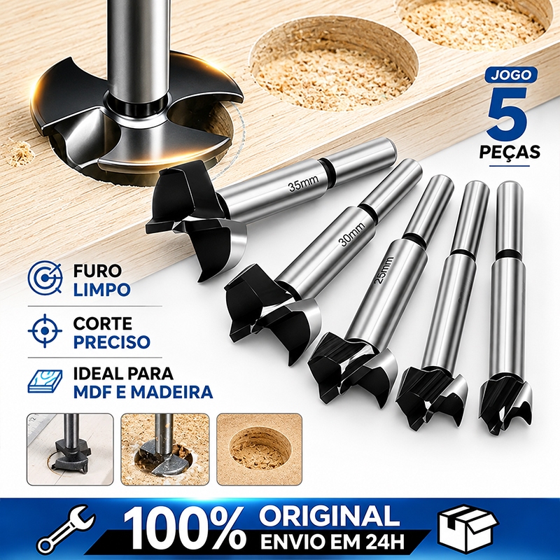 Kit 5 Brocas Fresas Forstner 15 a 35mm para Madeira Furo Preciso para Montagem de Dobradiça Porta Armário