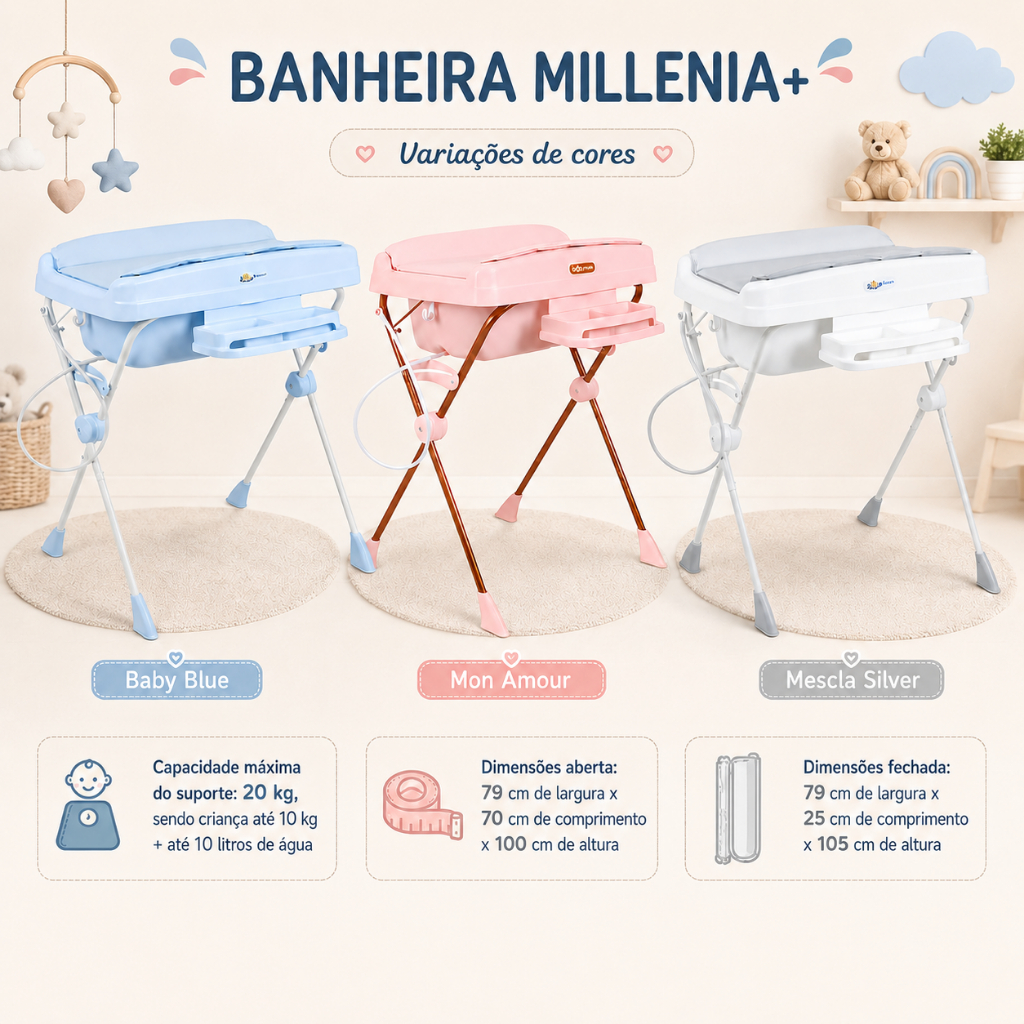 Banheira De Bebê Com Trocador e Assento Redutor para Recém Nascidos Rosa Millenia Burigotto 2 em 1 até 20kg