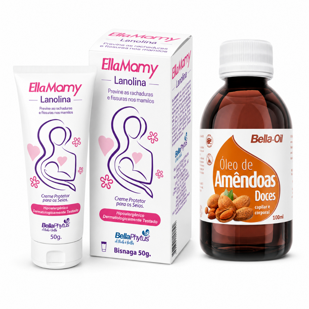 Kit 1x EllaMamy Lanolina 50g Previne Rachaduras Mamilos +  1x Óleo Amêndoas Bellaphytus Estrias Pele