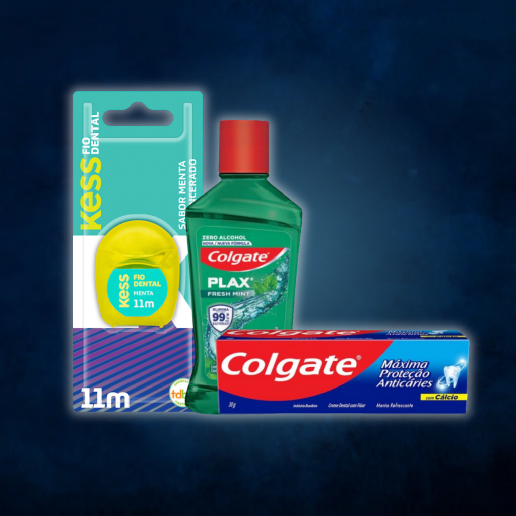 Kit Viagem: Creme Dental Colgate 30g + Enxaguante Bucal Plax 60ml + Fio Dental Mini 11m Kess