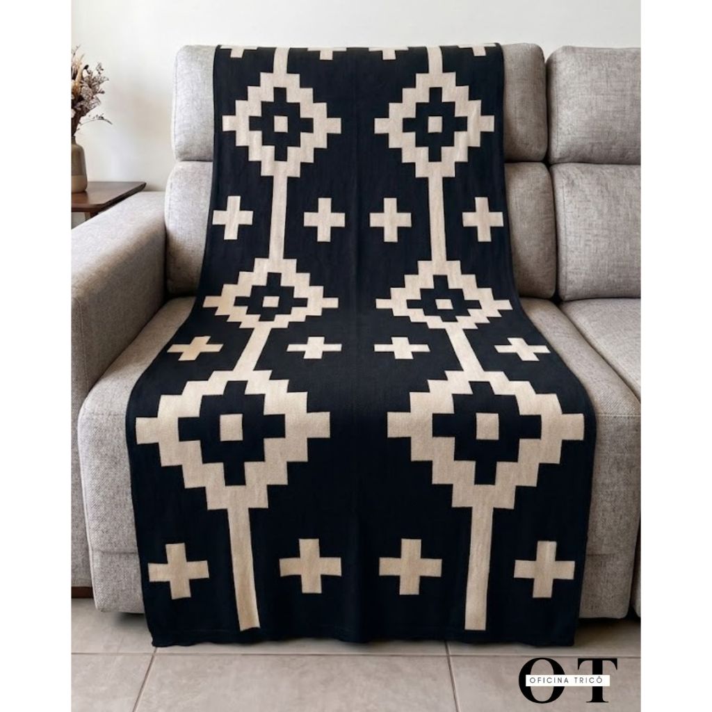 Manta Decorativa Tricot Para Sofá, Cama ou Poltrona Elegante Estampa Geométrica Tricô Faixa Pampa