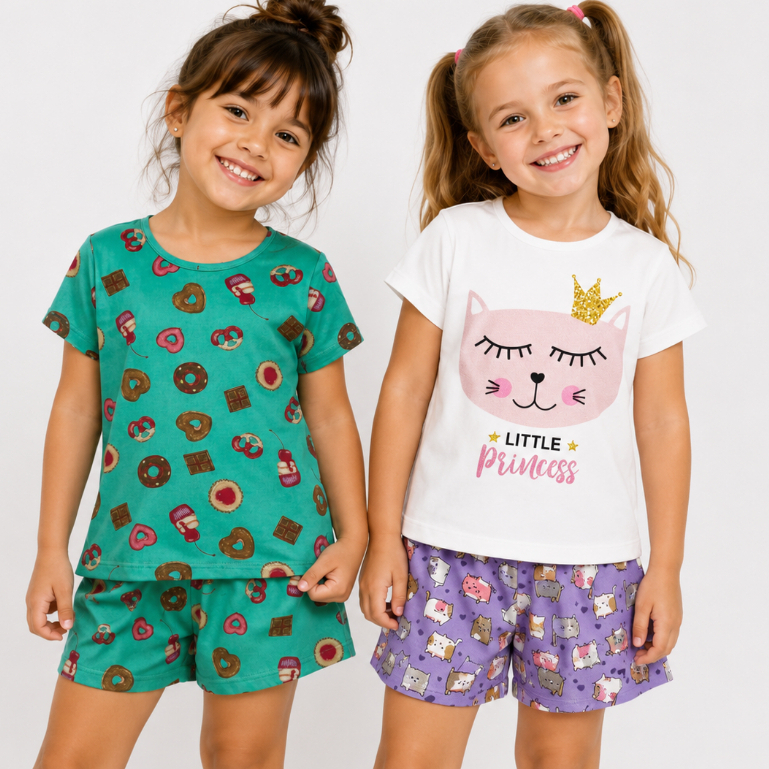 4 PEÇAS ❤️de Pijama Infantil Feminino divertido  - 2 PIJAMAS confortáveis e manga ,leve, macio, malha tamanho 1 a 8 anos