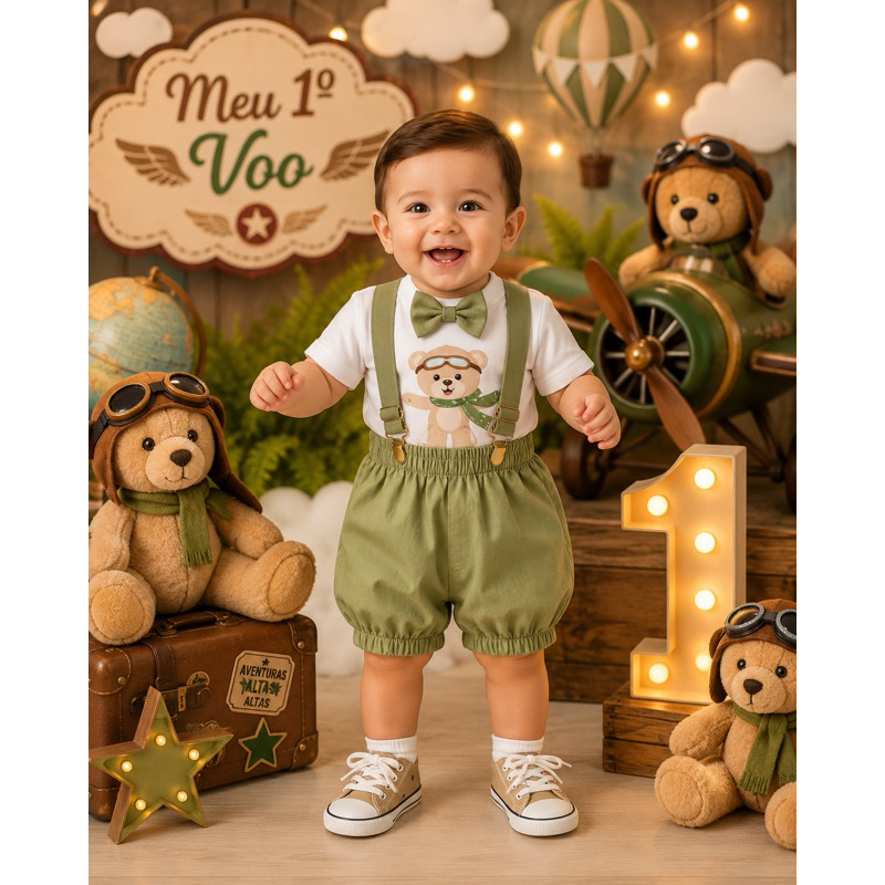 Conjunto Infantil Menino Masculino - Urso Aviador - Bermuda com Suspensório + Camisa Temática + Gravata
