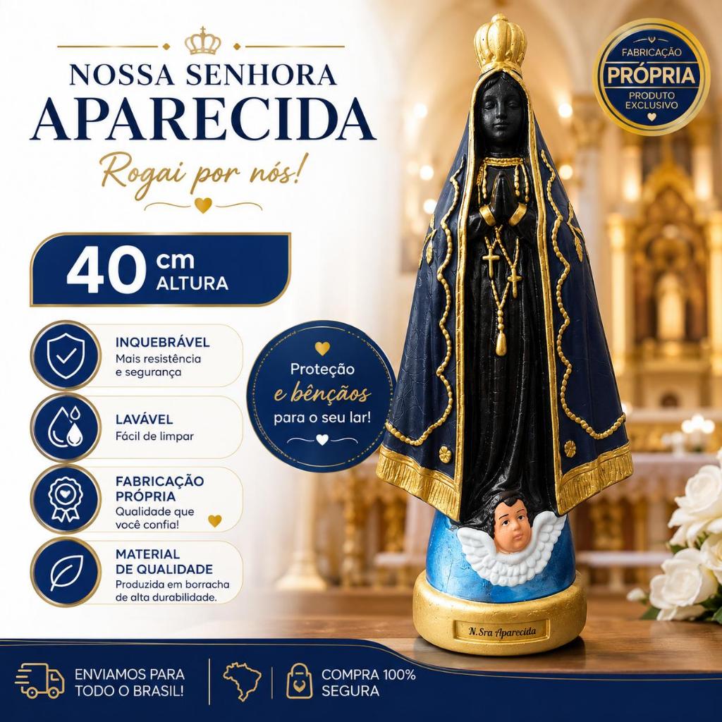 Imagem Nossa Senhora Aparecida 40 cm Borracha lavável inquebrável Fabricação Própria Decoração Católica