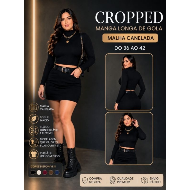 Cropped Canelado Gola Alta Premium Feminino Manga Longa Inverno 2026 | Básico Elegante | Tamanho Único 36 ao 42