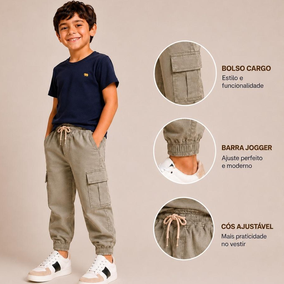 Calça Jogger Cargo Sarja Brim Infantil, Juvenil Menino Cos Elástico e Bolso Lateral Confortavel
