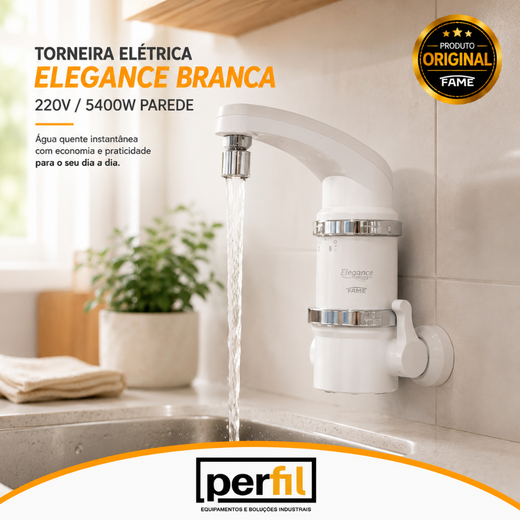 Torneira elétrica 220V de parede para cozinha 5400W Branca Fame