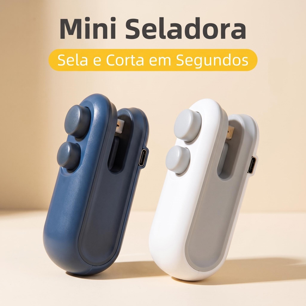 Mini Seladora Portátil de Embalagens Recarregável USB Type-C Imã Forte