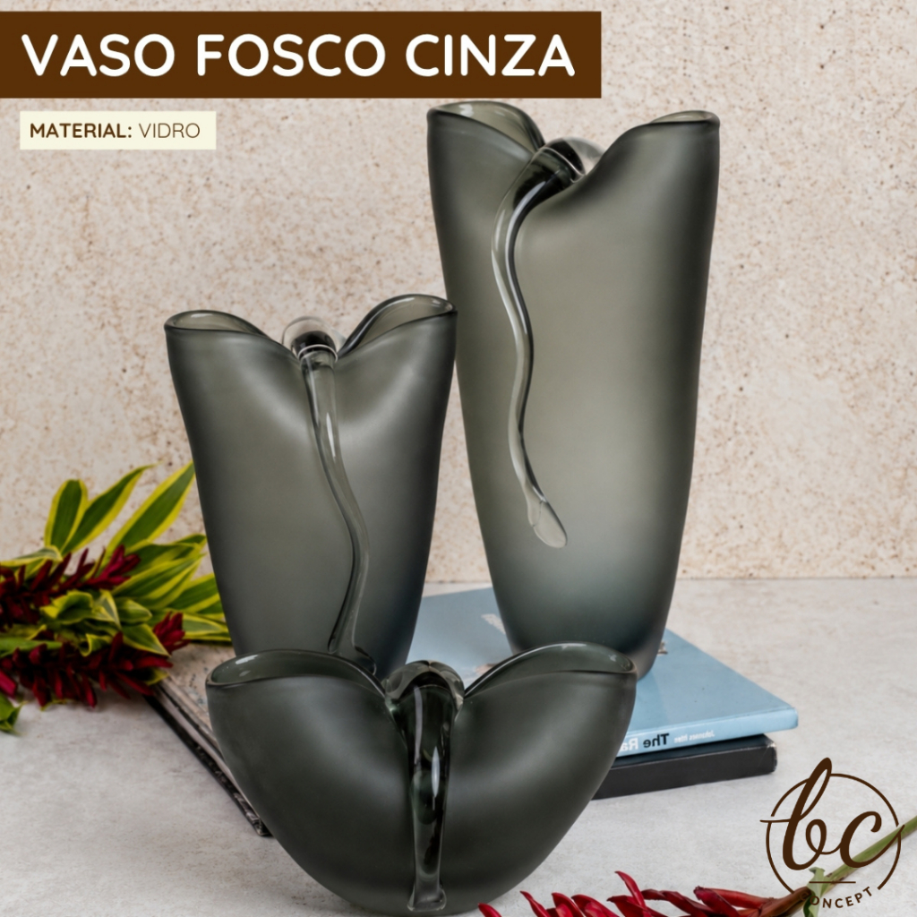 Vaso Fosco Cinza Decorativo Vidro Elegante Casa Mesa Aparador Nicho Arranjo Flores Moderno