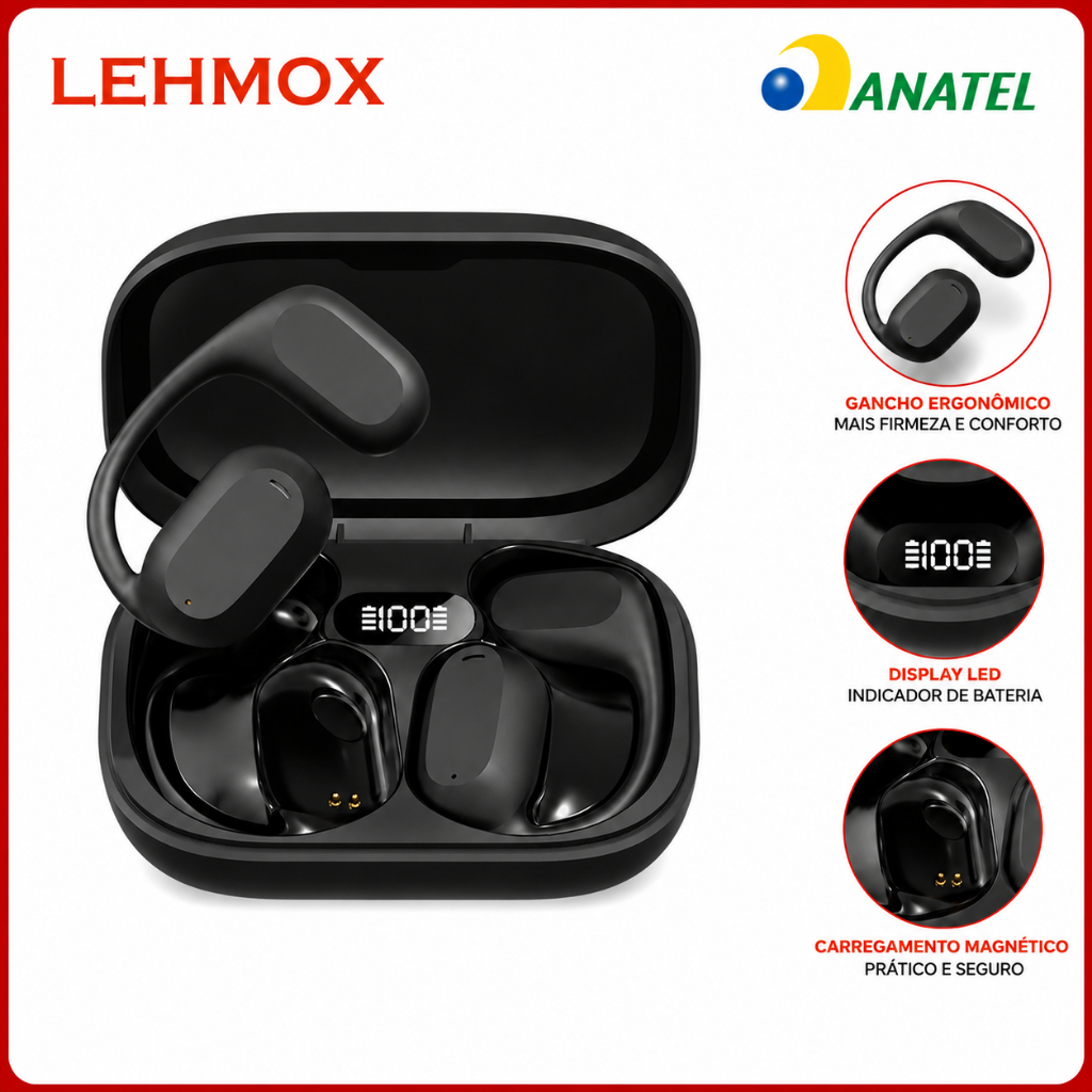 Fone Bluetooth Esportivo TWS Com Gancho Microfone Case Tipo C Sem Fio