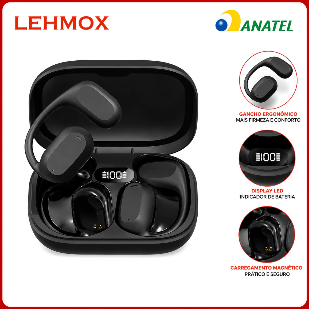 Fone Bluetooth Esportivo TWS Com Gancho Microfone Case Tipo C Sem Fio