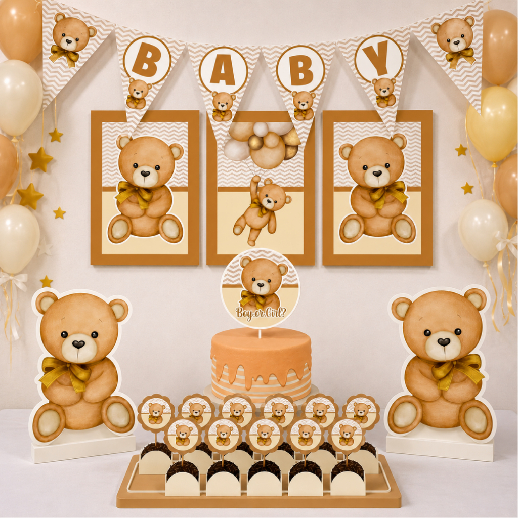 ENVIO RÁPIDO Kit festa Ursinho bege revelação Personalizado Bolinho Aniversário 70 itens Chá de bebê
