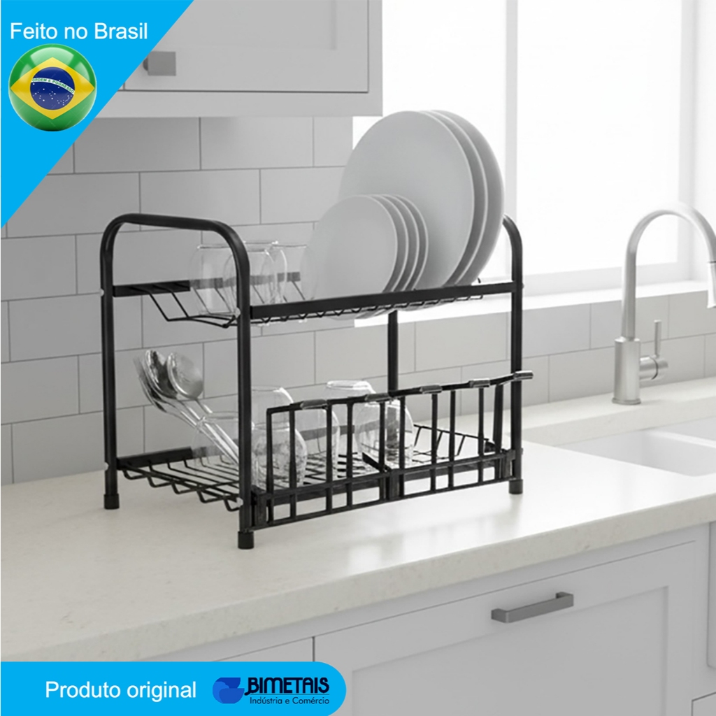 Escorredor De Pratos Duplo Desmontável 11 Pratos Cor Preto