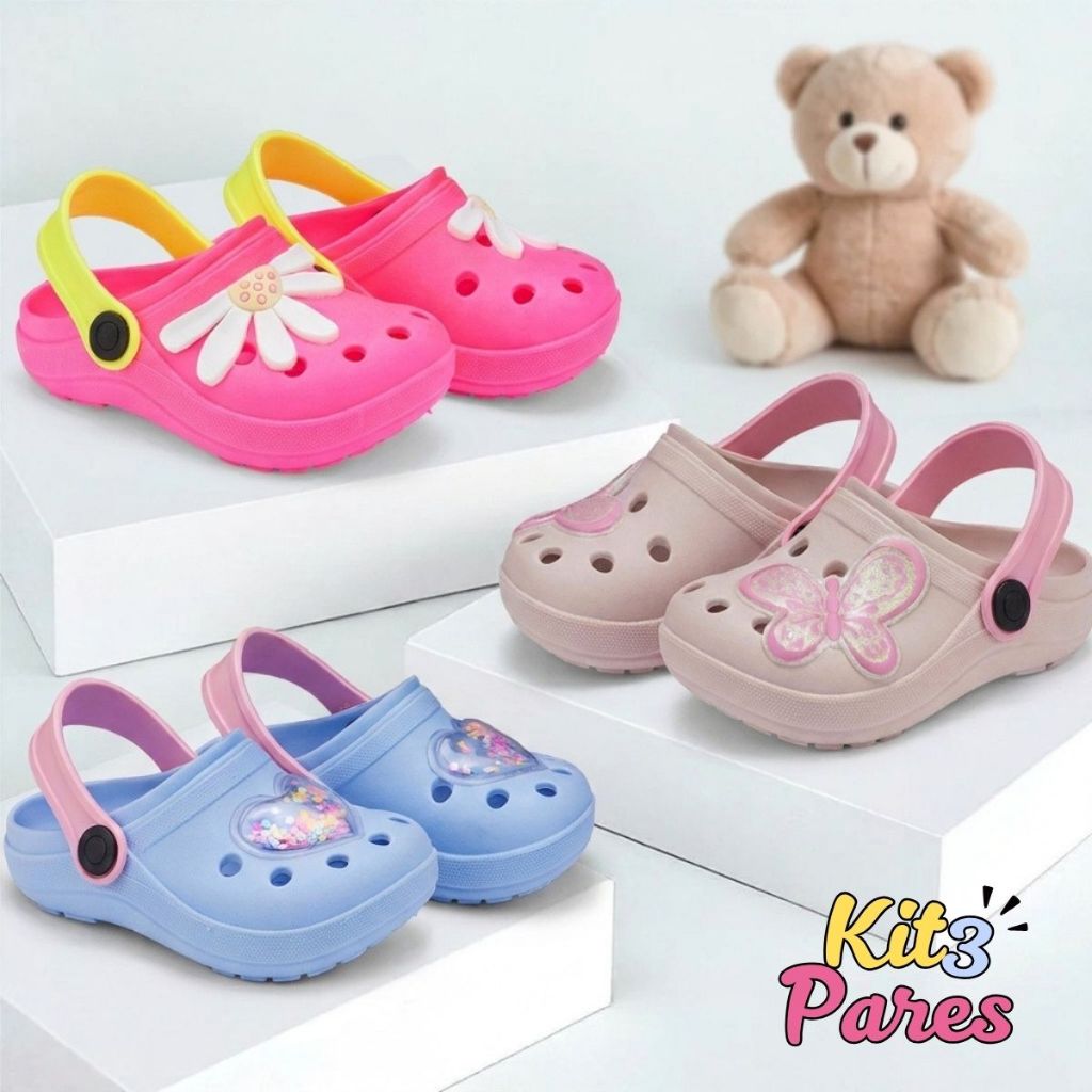 Kit 3 Sandálias Babuche Infantil Mini Clog Infantil Feminino Escolar Dia a Dia