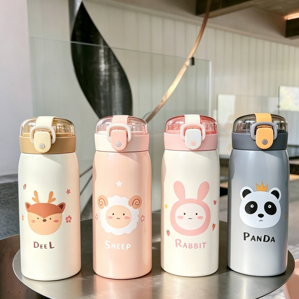 Garrafa Térmica Infantil com Canudo 350ml Aço Inoxidável 304 Estampa Animal Fofa