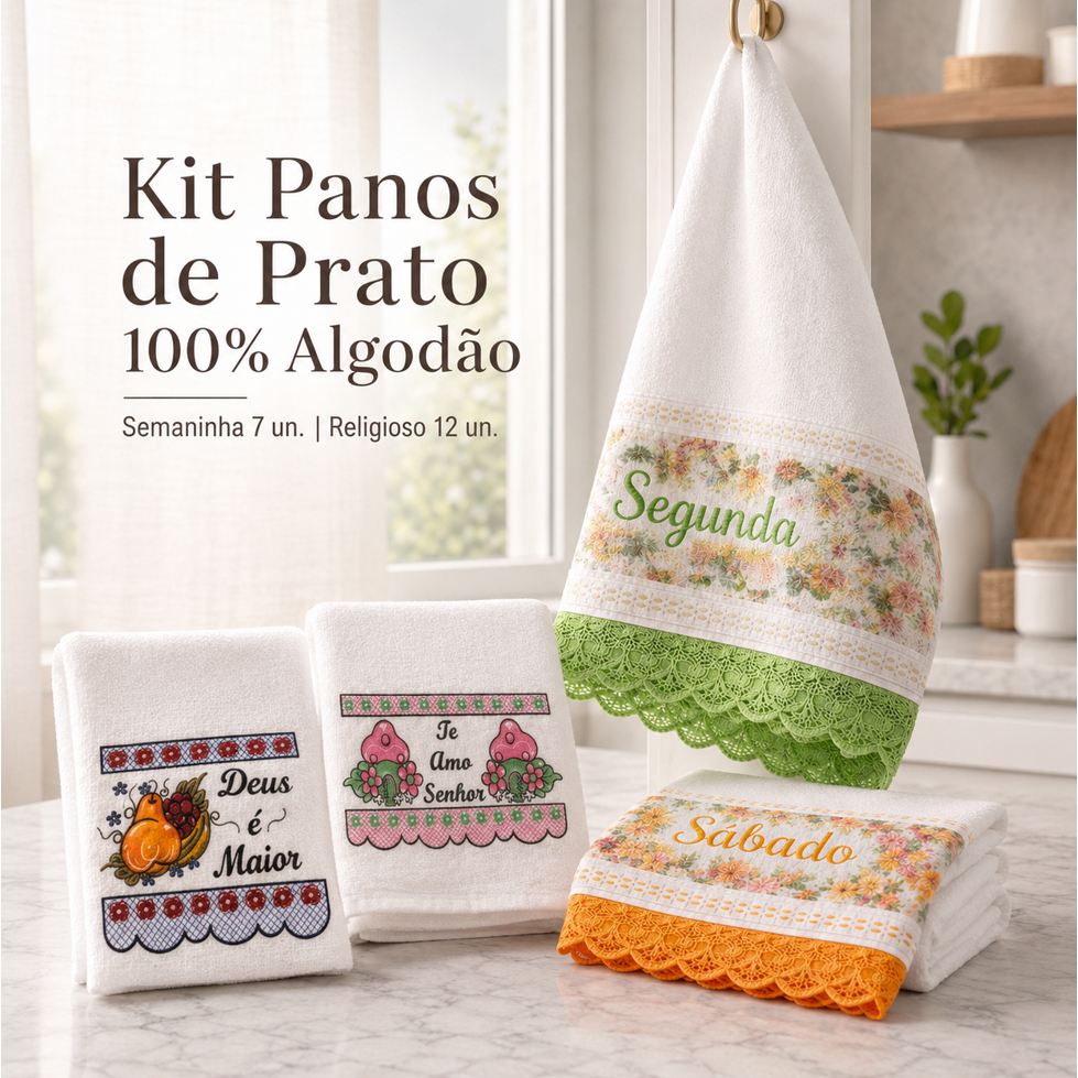 Kit Panos de Prato 100% Algodão 7 ou 12 Unidades Grandes Estampados Alta Absorção para Cozinha