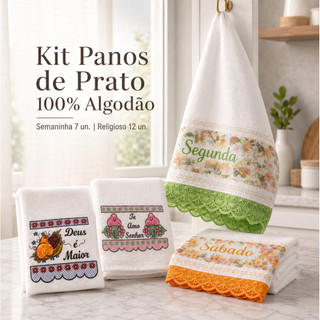 Kit Panos de Prato 100% Algodão 7 ou 12 Unidades Grandes Estampados Alta Absorção para Cozinha