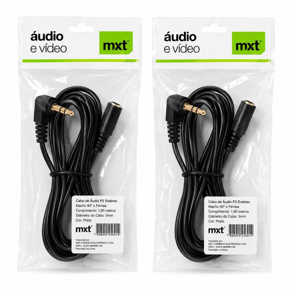 Kit 2 Cabos Extensores de Áudio P2 Macho 90 Graus para P2 Fêmea 3,5mm 1,8 Metros Fone Caixa de Som
