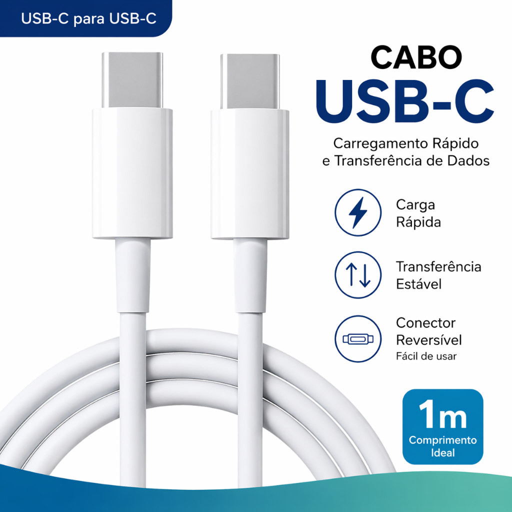 Cabo Tipo C Duplo 1 Metro Carga Rápida Para Smartphone Tablet Notebook