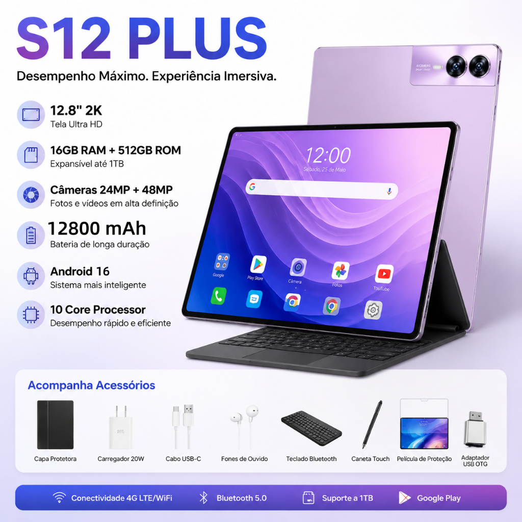 Tablet S12 Plus 12.8" 2K 16GB RAM+ 512GB ROM  12800mAh Android 16  10 Núcleos  GPS Áudio + teclado e …
