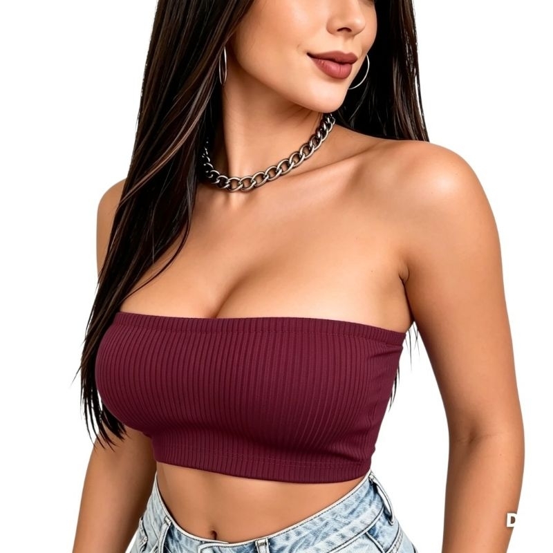 Cropped Tomara que Caia Feminino Vermelho Bordô Sem Bojo Canelado Premium Básico Elegante Moda Feminina