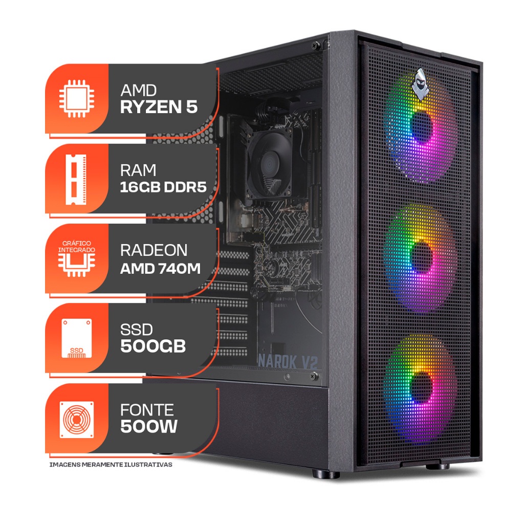 PC Gamer Forge, AMD Ryzen 5 8500G, 32GB DDR5, SSD M.2 500GB, Fonte 500W 80 Plus