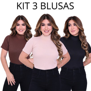 KIT 3 BLUSAS FEMININA GOLA ALTA ESTILOSA CANELADO COM MANGA CURTA OFERTA T-SHIRT FEMININO CANELADA
