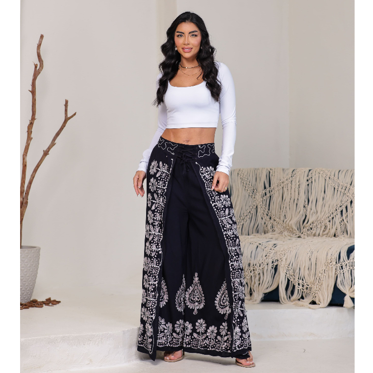 Calça Fenda aberta Bordada indiana batik
