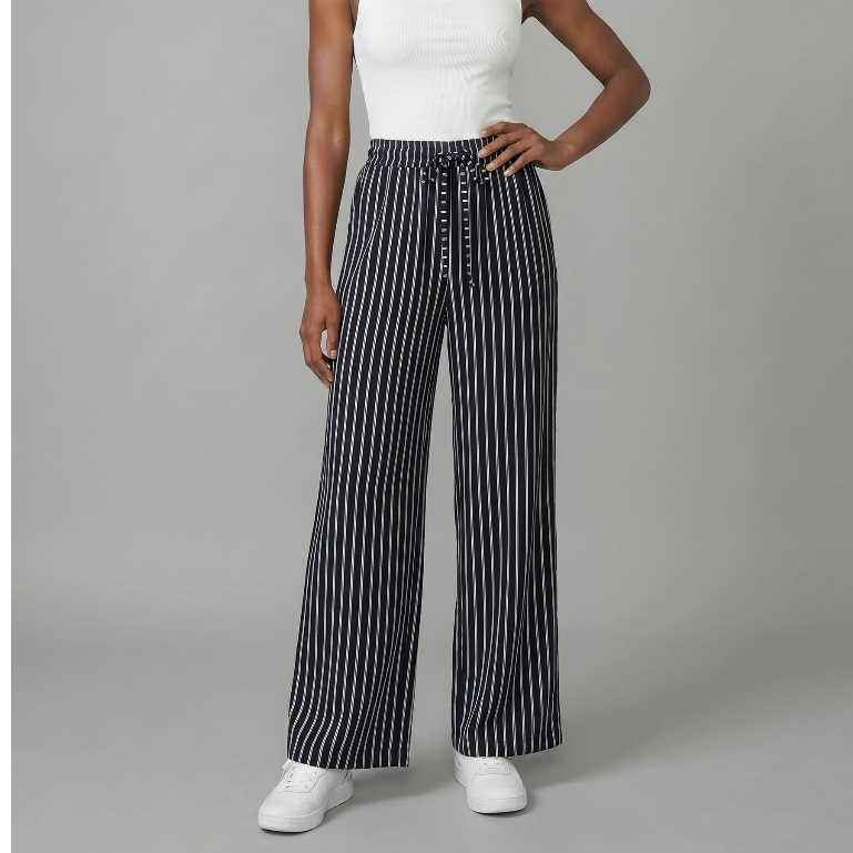 Onlyone -  Calça Feminina Listra Cintura Alta Com Elástico e Amarração Casual Confortável Listrado Dia dos Namorados