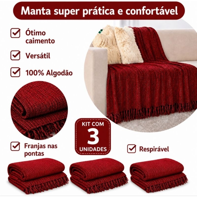 Kit 3 Mantas Protetora Decorativa Grande 100%Algodão 210x120 Sofá , Cama e Poltrona — imagem 2 de 2