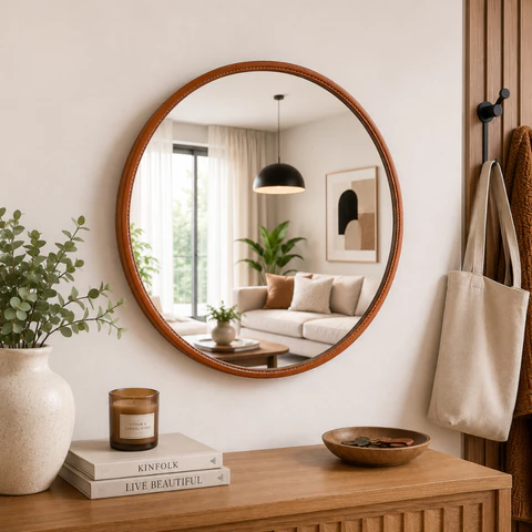 Espelho Para Quarto Banheiro Grande De Parede Adnet 60cm Couro Sala Hall Entrada Decorativo Sem Alça