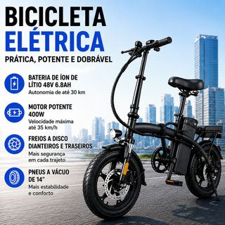 Bicicleta Elétrica Dobrável 400W 48V Bateria de Lítio Removível Até 35km/h Autonomia 30km Freio a Disco