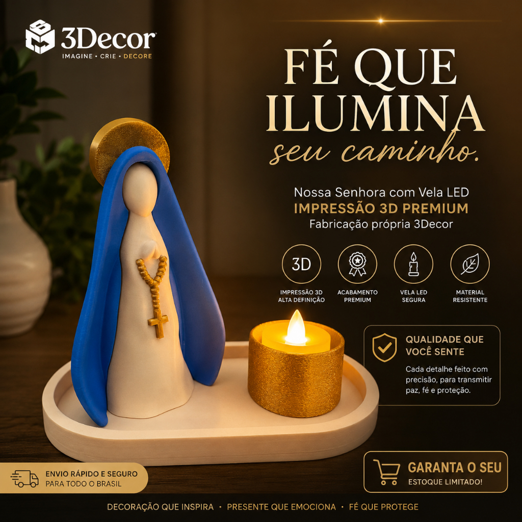 Nossa Senhora Aparecida com Vela LED Decorativa | Impressão 3D Premium | Decoração | Presente Religioso | 3Decor