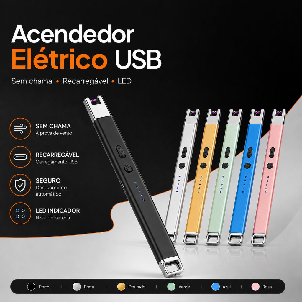 Acendedor Elétrico USB Recarregável Sem Chama com Luz LED para Fogão, Churrasco e Camping