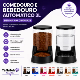 Kit Comedouro 3kg Bebedouro 3L Automático Cães Gatos Ração Água por Gravidade