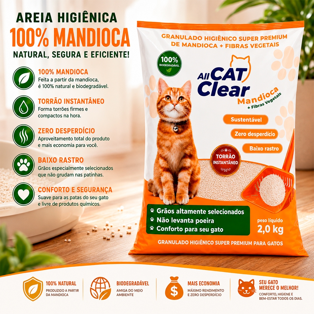 Areia de Gato Mandioca All Cat Clear Granulado Sanitário Biodegradável Alta Absorção Evita Odores