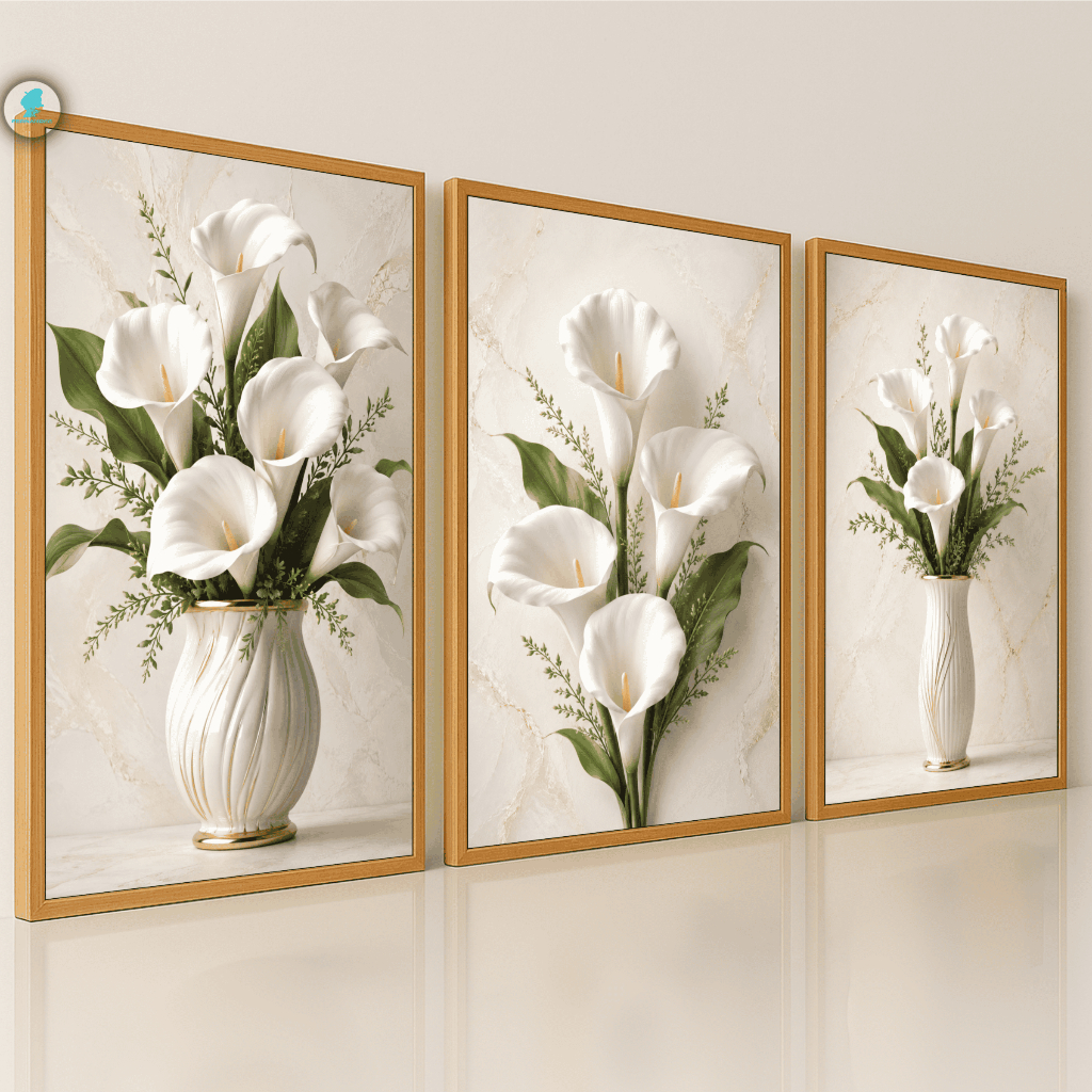 Quadros Decorativo Trio Vaso de Copo de Leite Off White Luxo Moderno Sala Quarto