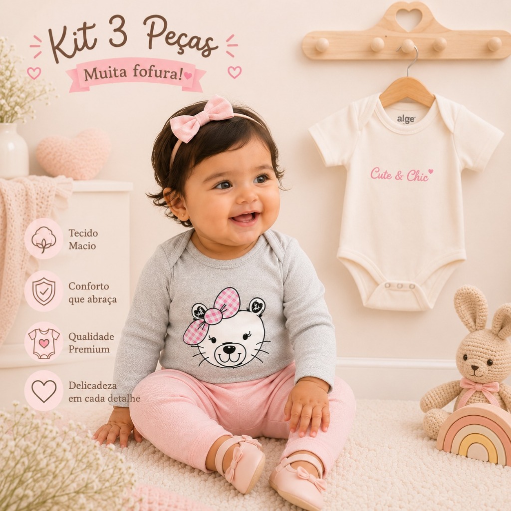 Conjunto Kit 3 e 2 Peças Body Calça Roupa Para Bebe Baby Menina Enxoval Presente 100% Algodão Estampas Exclusivas