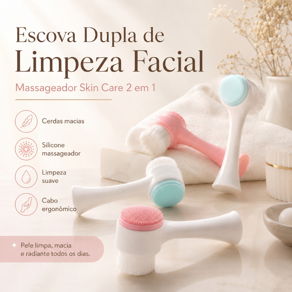 Escovas Duplas de Limpeza Facial 2 em 1 com Massageador Skin Care e Cerdas Macias