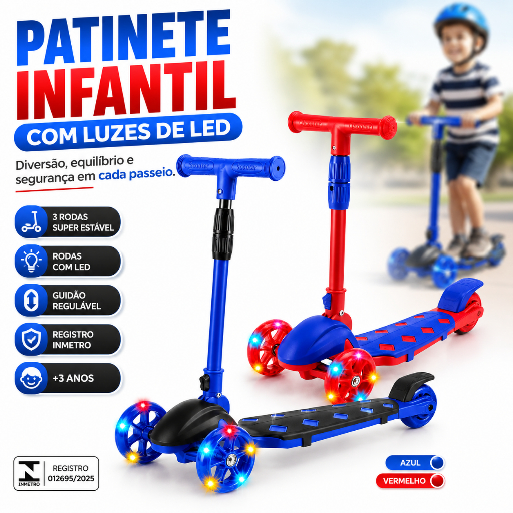 Patinete Eletrico Triciclo Infantil Led Vermelho Menino Menina Dobrável Criança Scooter Azul Vermelh